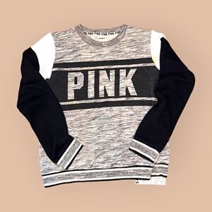 PINK Women’s XS Gray Black White Colorblock Crewneck Fleece Logo Sweatshirt